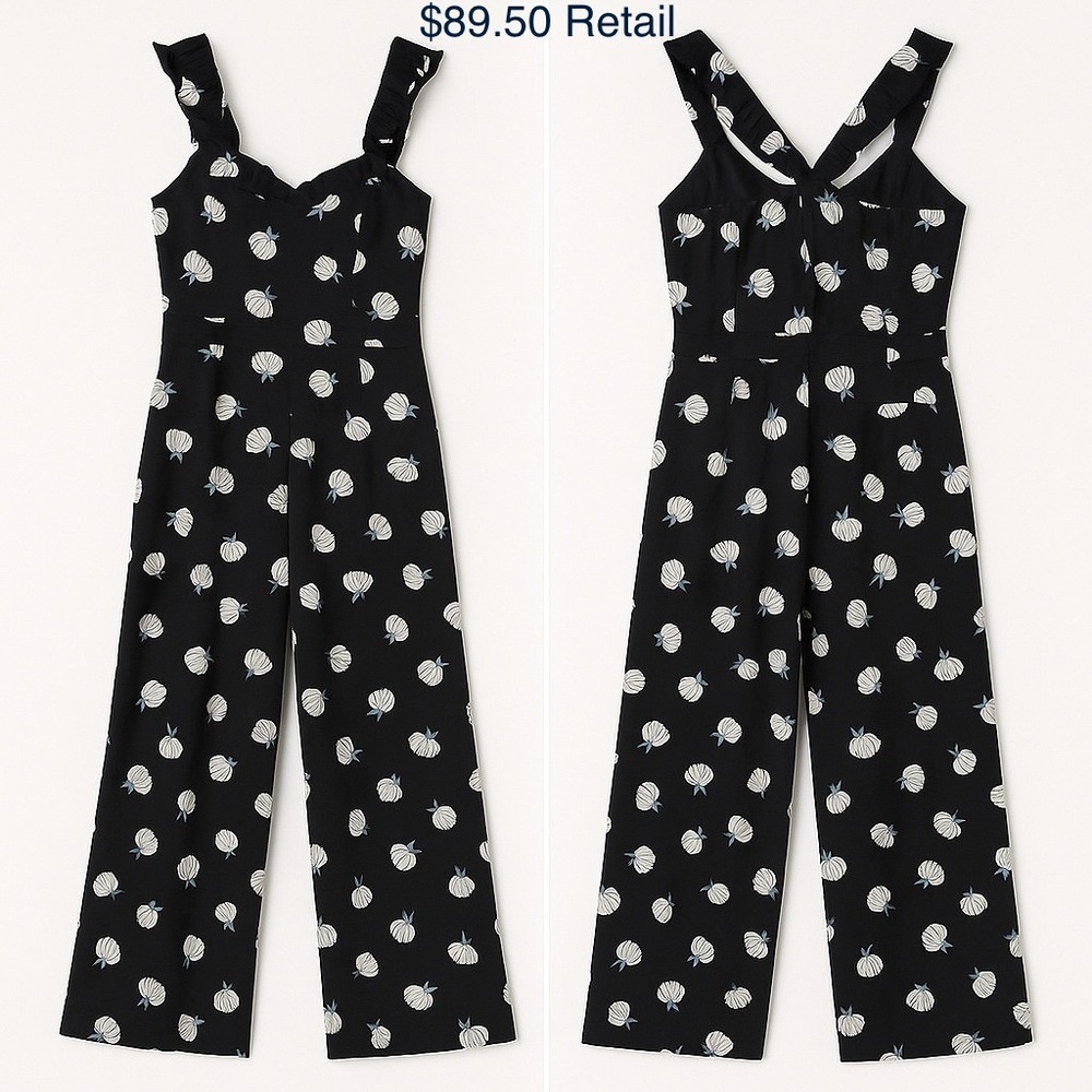 Ann Taylor LOFT Black Floral Wide Leg Jumpsuit Sze 0 Navy Blue Feminine Vacation